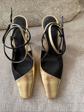 NWOT Zara Gold and Black Square-Toe Ankle-Strap Heels with blue soles.